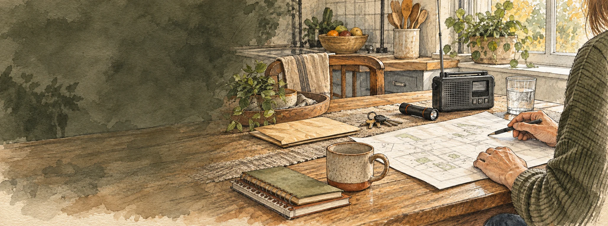 A household member calmly reviews an action plan beside a radio, flashlight, keys, and water.