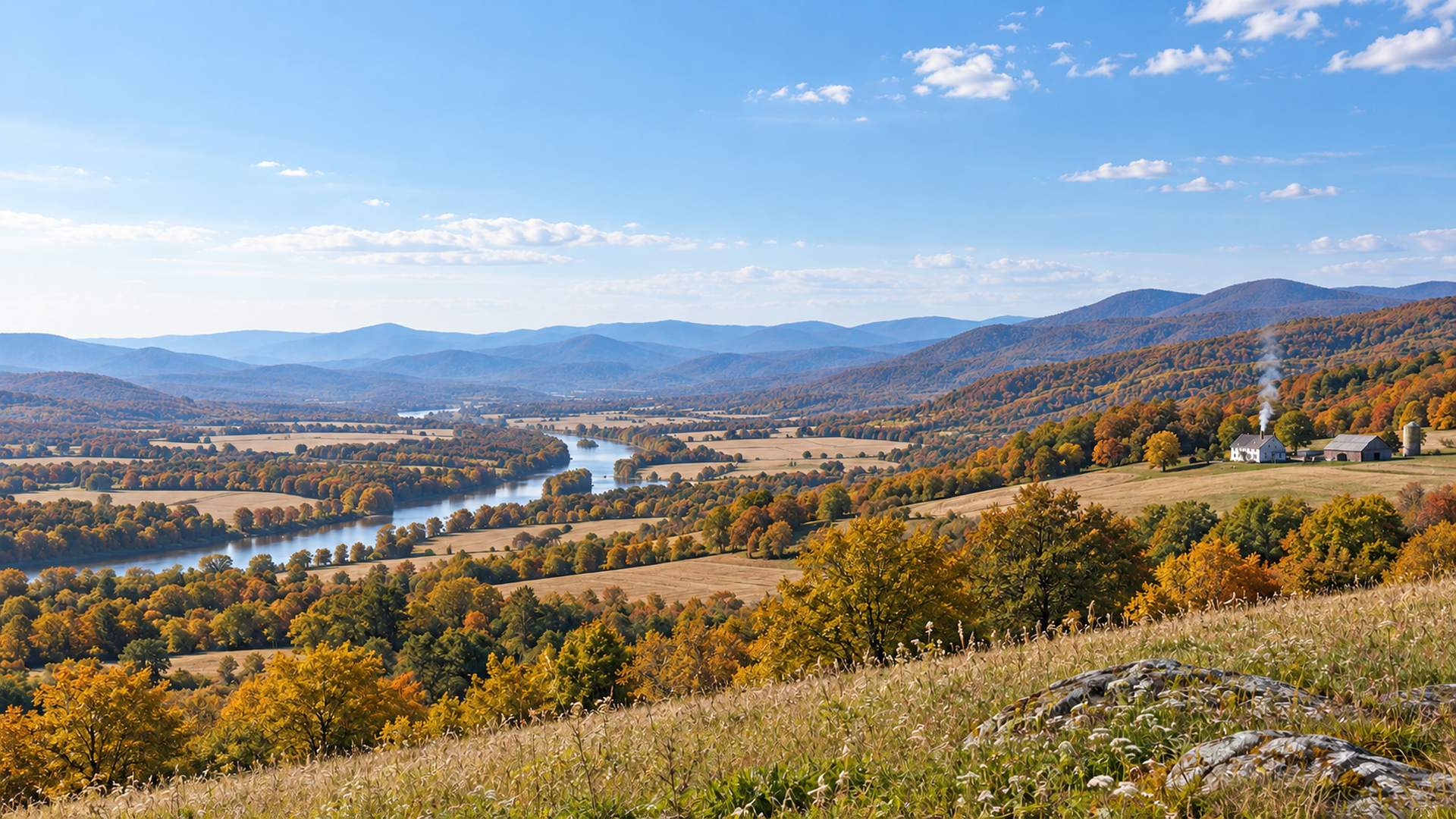 A broad river valley with farms and wooded ridgelines beneath a bright October sky.