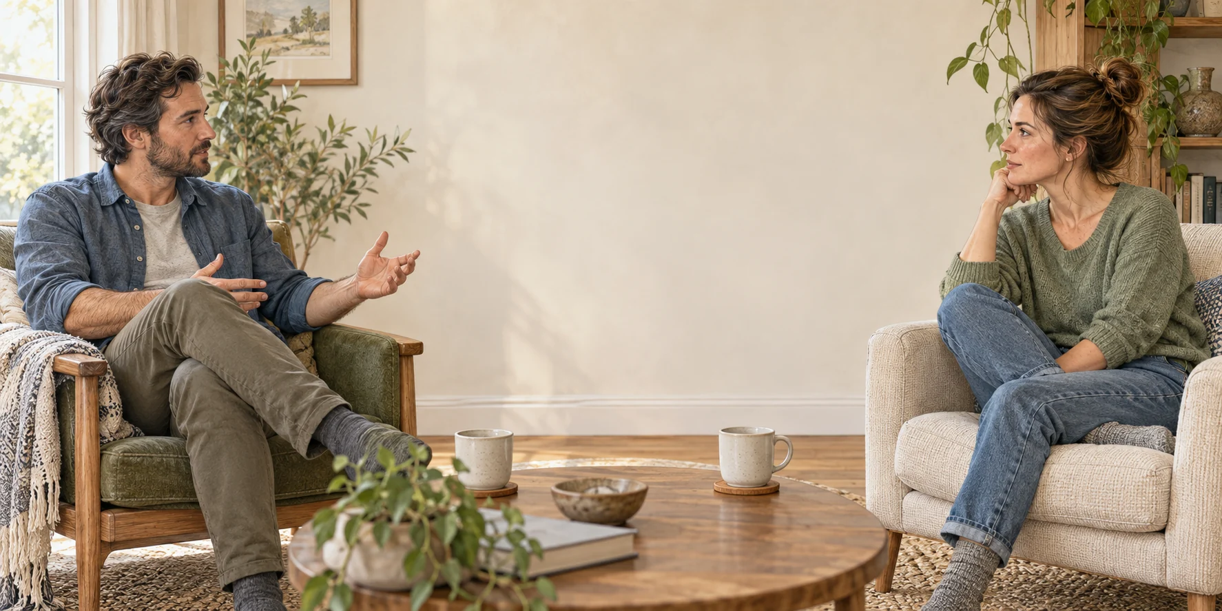 Two adults sit in separate chairs and listen to each other during a calm household conversation.
