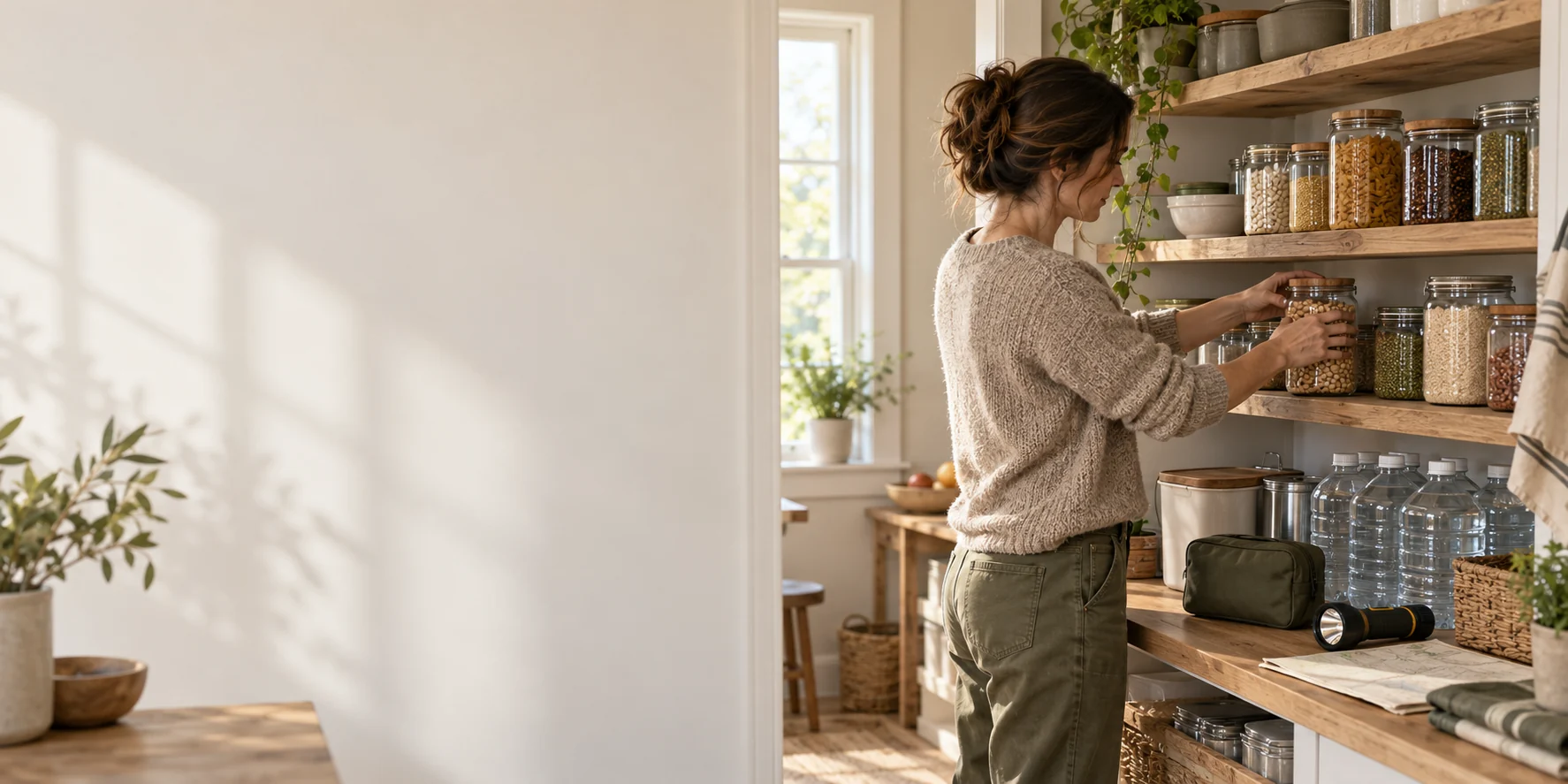 A person quietly organizes water, pantry staples, a flashlight, and a household plan on open shelves.
