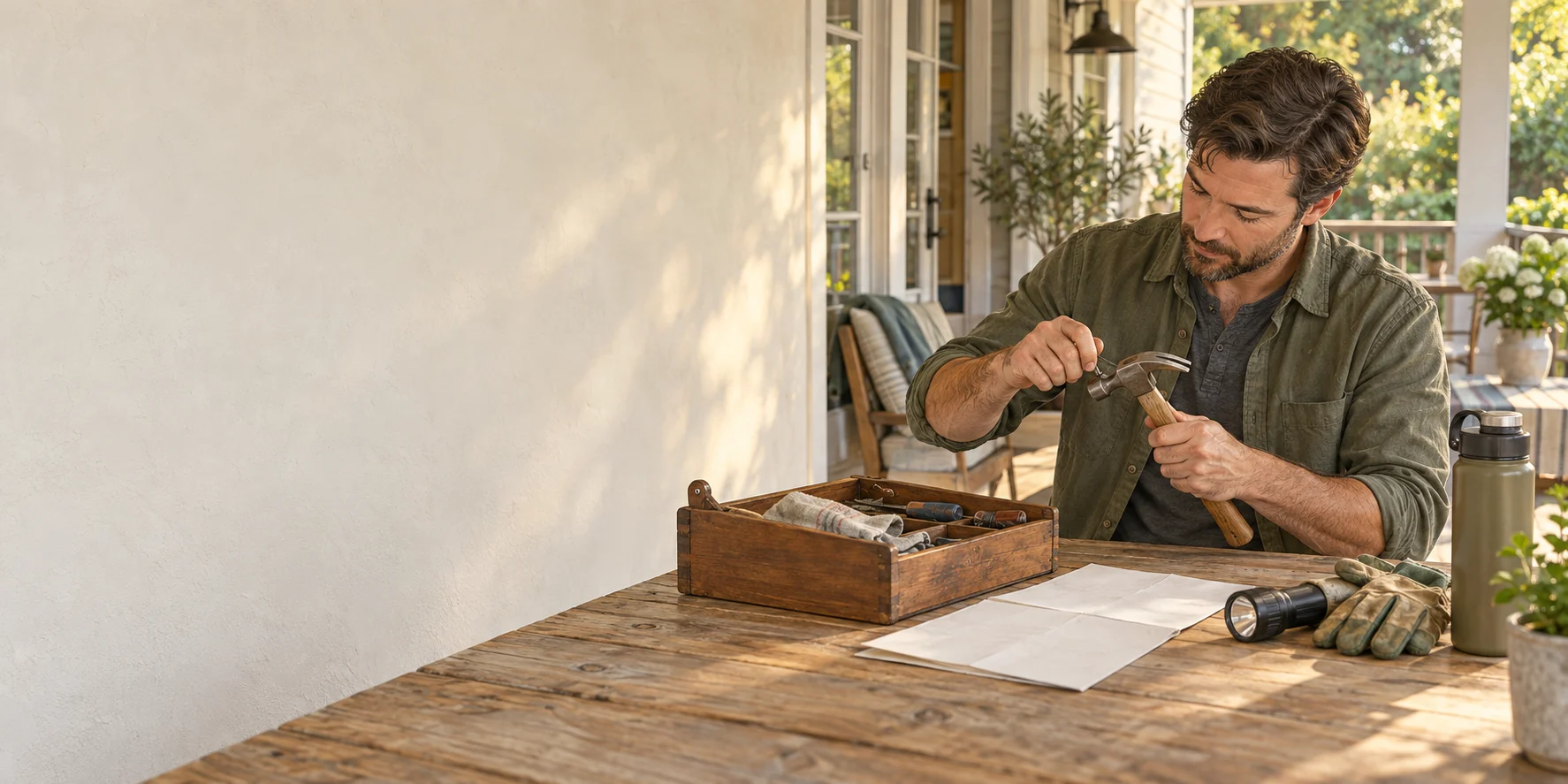 A person quietly maintains a household hand tool beside a plan, flashlight, gloves, and water bottle.