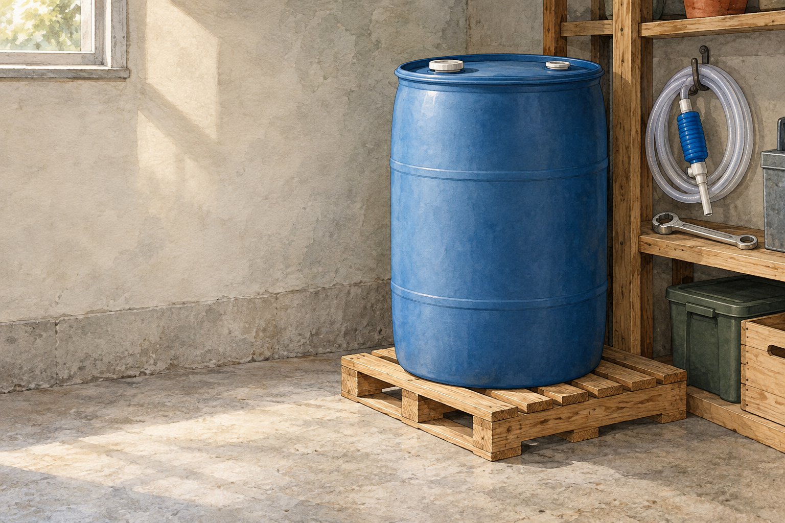 An unbranded 55-gallon water barrel on a low wooden pallet with a siphon pump, hose, and bung wrench stored beside it in a calm utility space.