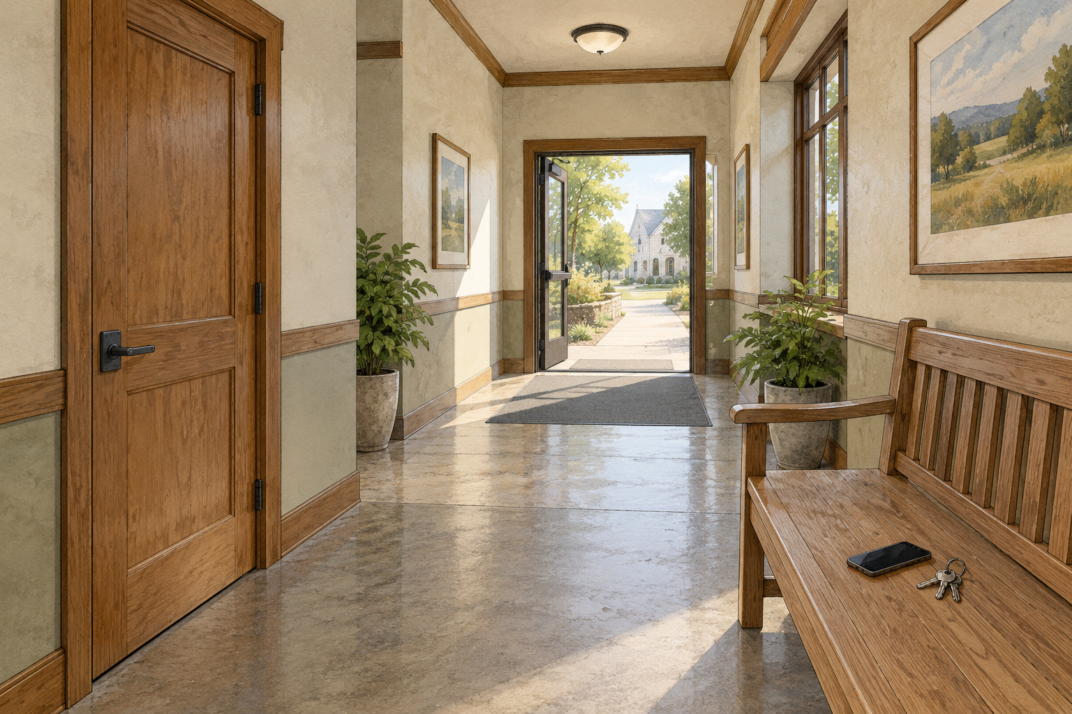 An empty community-building corridor with an open exterior doorway, a closed interior door, and a phone and keys on a bench.