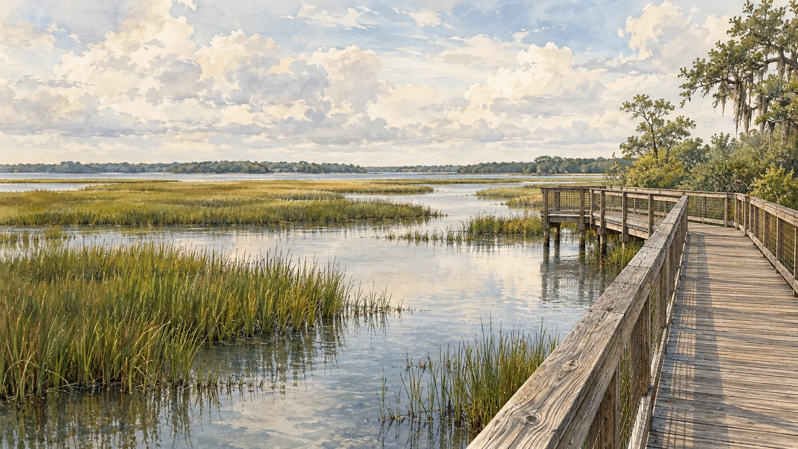 Meaher State Park's Gateway to the Delta boardwalk crosses calm wetlands near Mobile Bay in Alabama