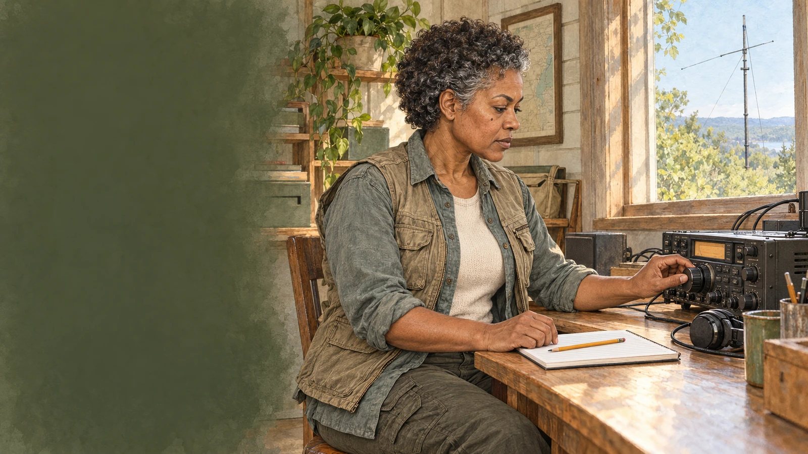 Darlene McNeil listens at an amateur-radio station while keeping a blank message log