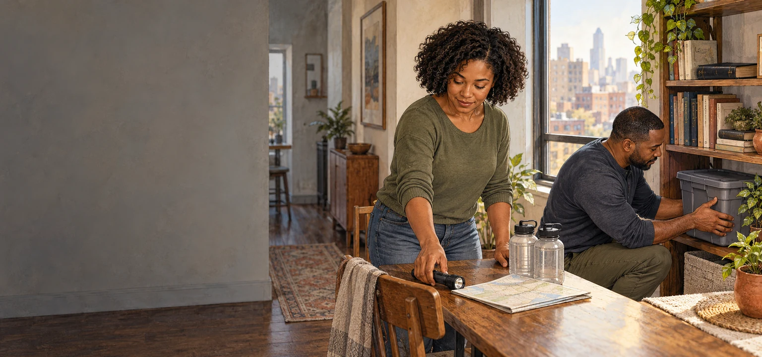 Tessa and Andre Morgan organize compact emergency supplies in their city apartment.