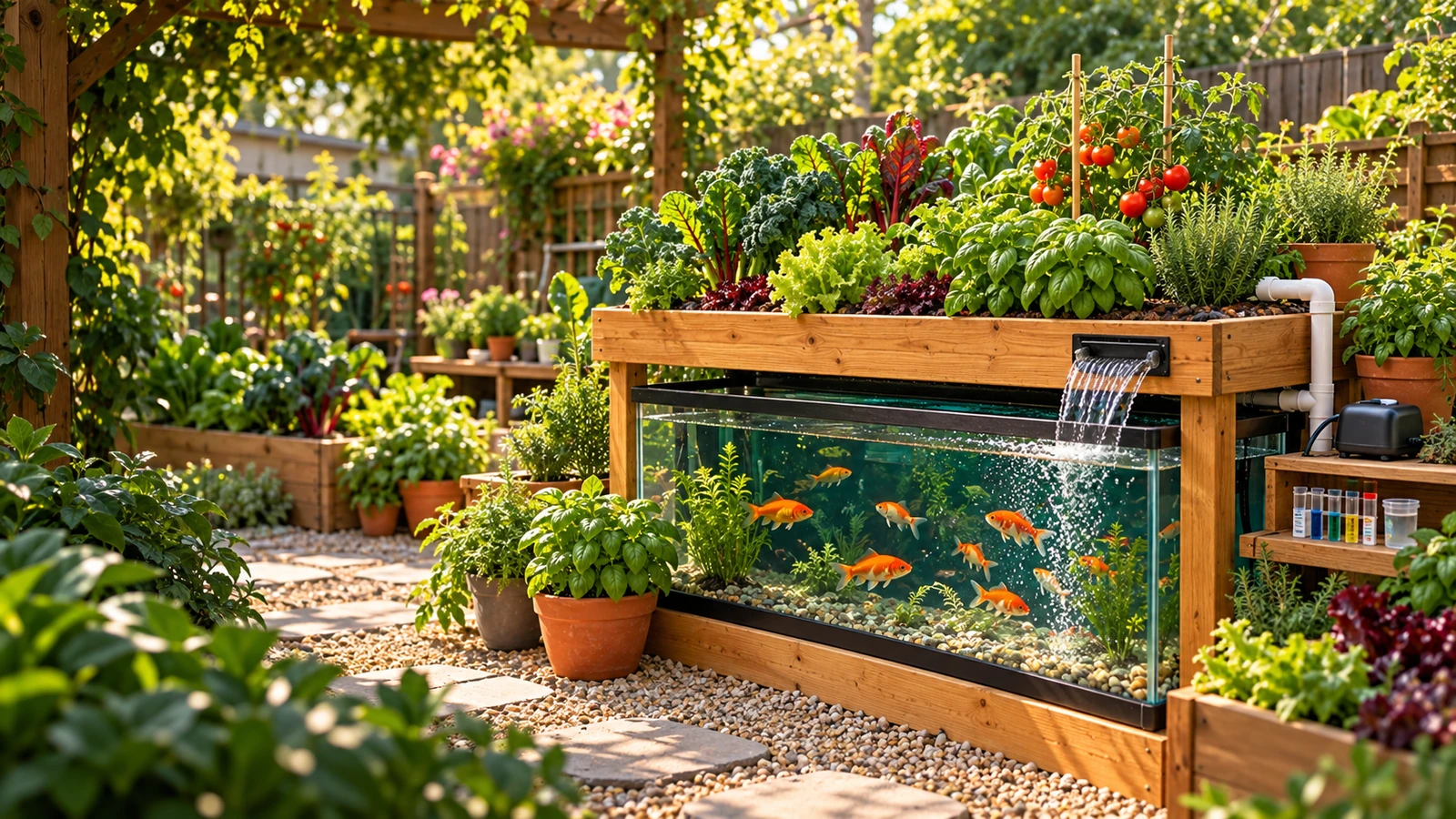 A backyard vegetable garden built around an aquaponics tank, with a planted grow bed, returning water, fish, air pump, and water test kit.