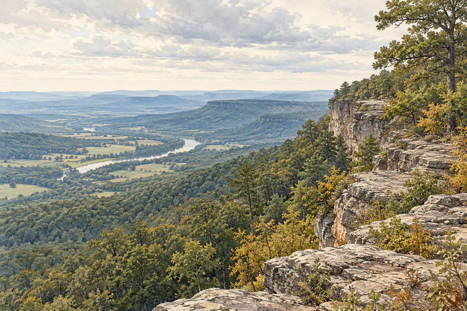 Watercolor-and-ink view of Cameron Bluff Overlook at Mount Magazine State Park in Arkansas, with sandstone bluff, upland forest, and a broad valley.