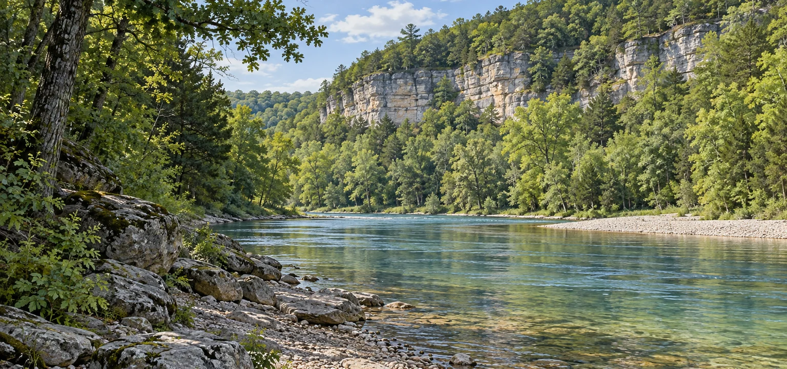 Steel Creek flows beneath limestone bluffs at Buffalo National River near Ponca, Arkansas.