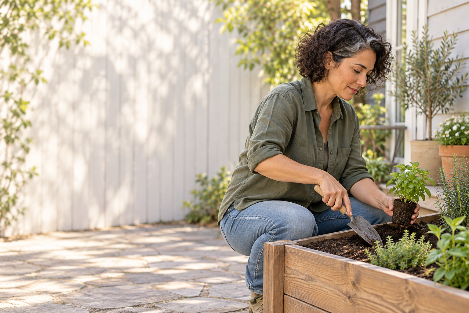 A woman transplants an herb seedling into a raised garden bed beside her home.