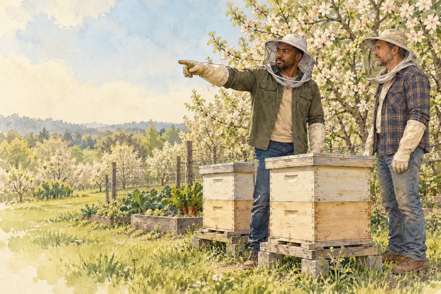 Beekeepers in protective veils stand beside closed hives while one points toward a blooming orchard.