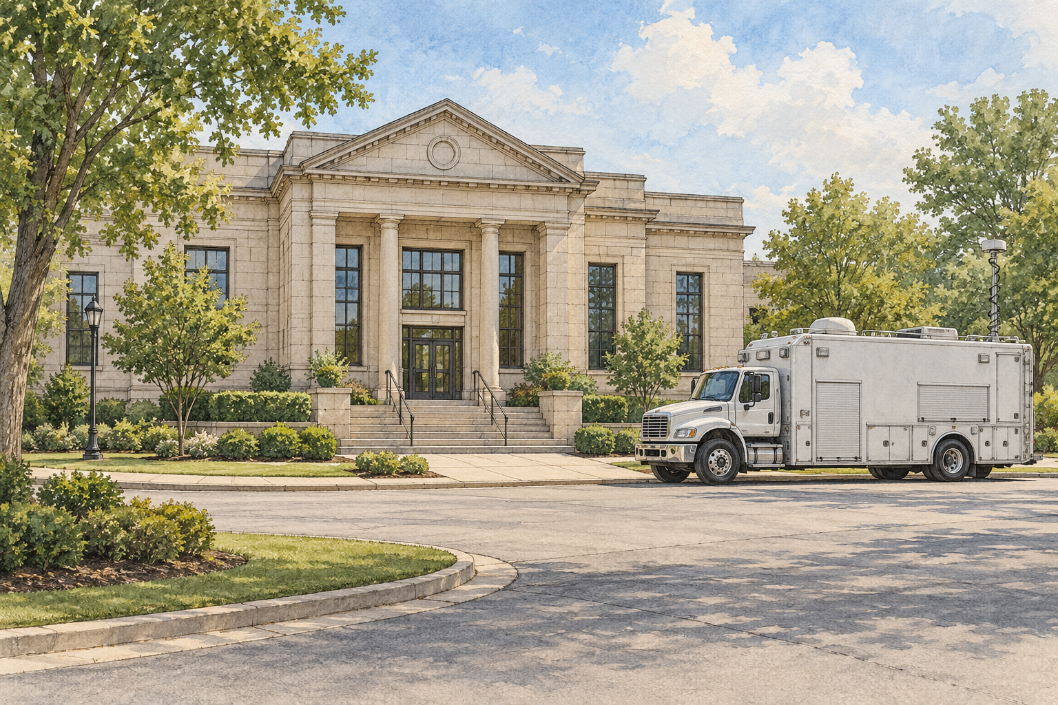 An empty civic building and a Bomb Unit truck sit in calm daylight, with no personnel or active response visible.