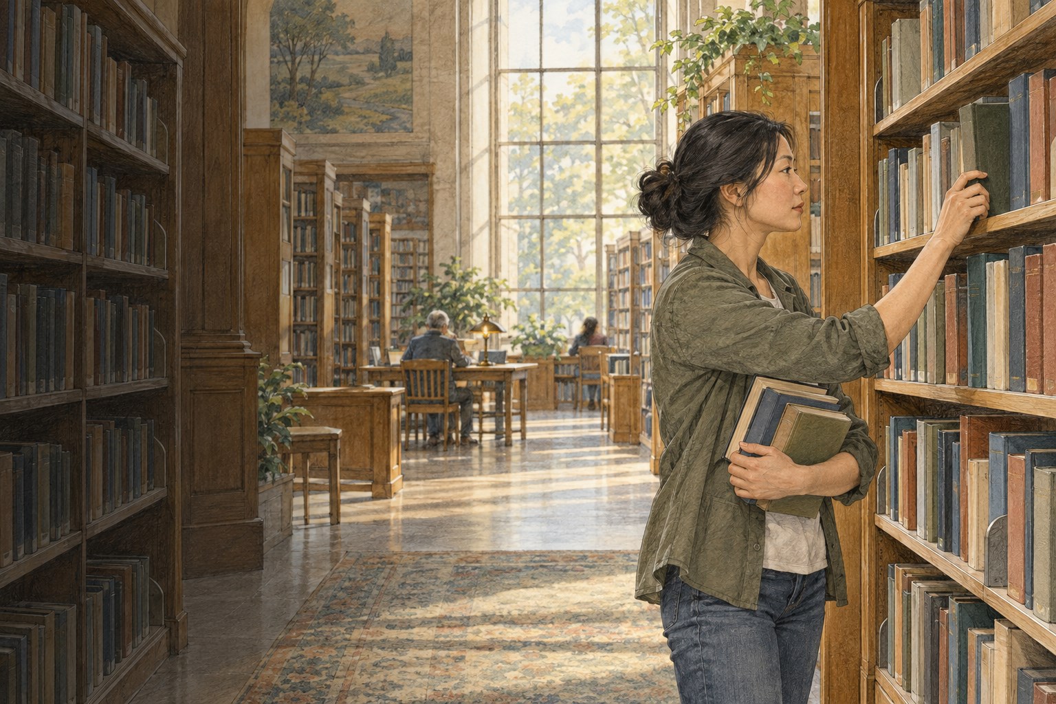 A woman selects a reference book in a daylight public library.
