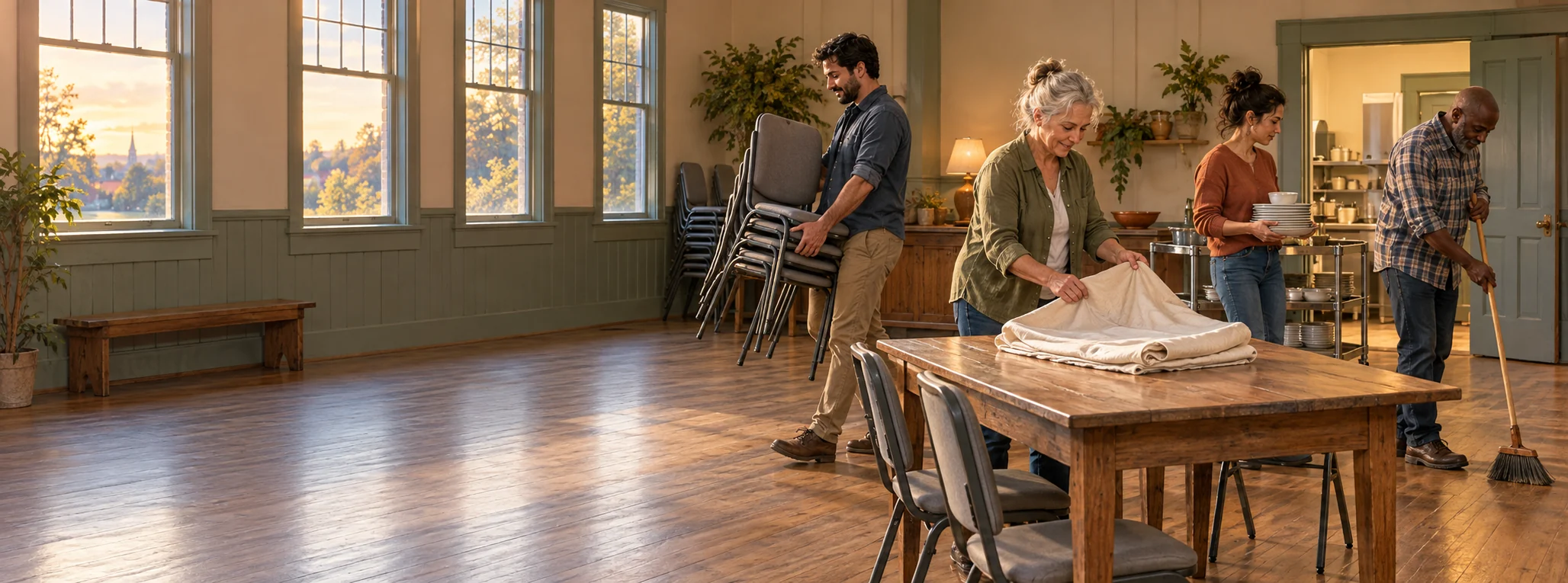 Community members stack chairs, clear dishes, fold table linens, and sweep after a shared meal.