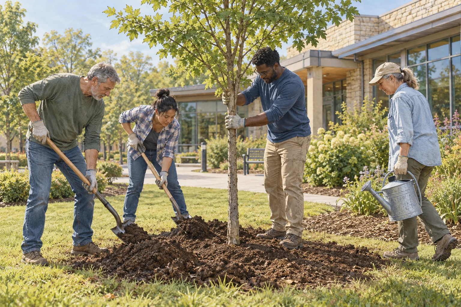 Four volunteers plant a young shade tree together outside a community building.
