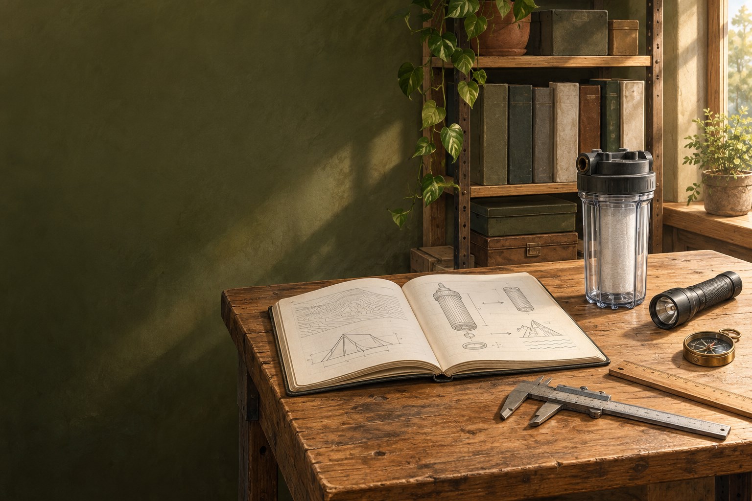 An unbranded household research workbench with a reference handbook and practical gear components.