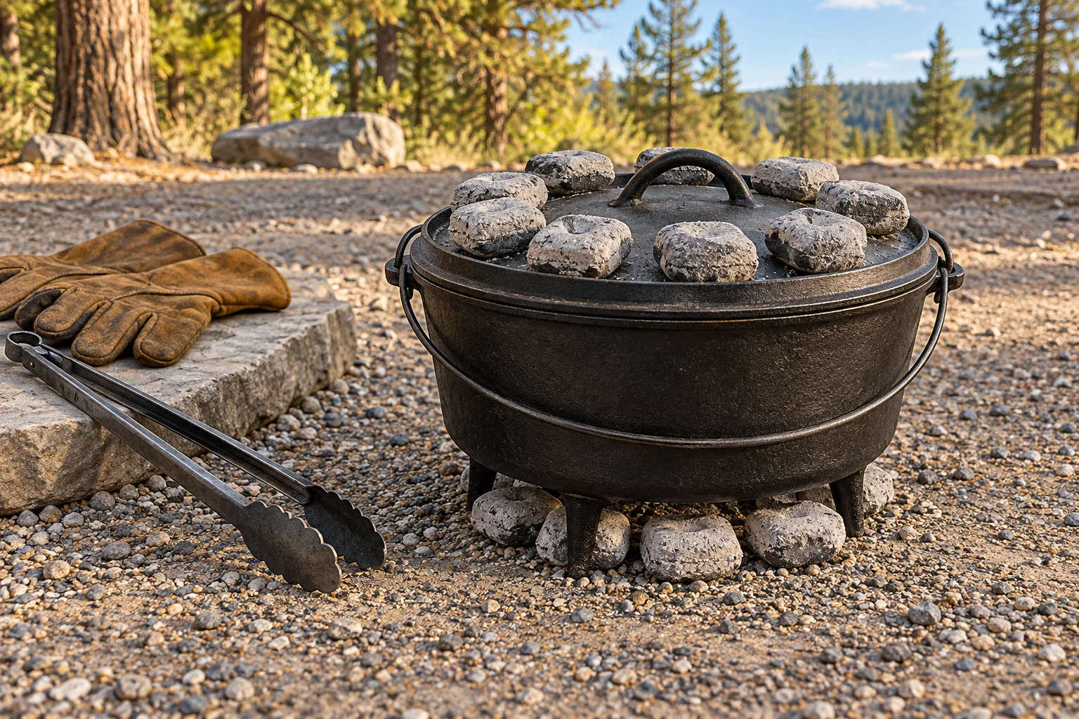 Camp Dutch oven on gravel with charcoal arranged on the flanged lid and beneath the legs.