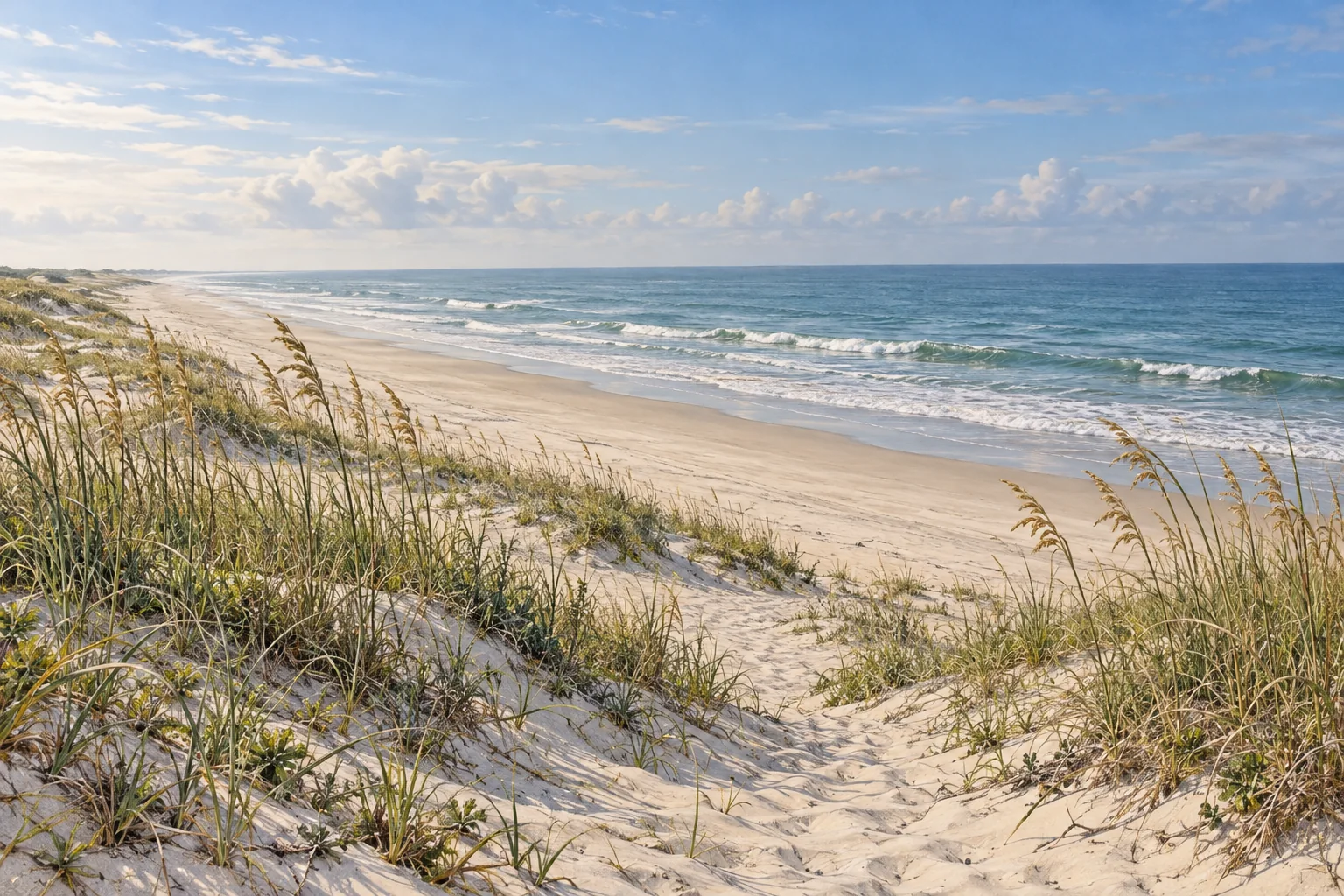 Sea oats frame a sandy path over the dunes to the Atlantic at Cape Hatteras National Seashore