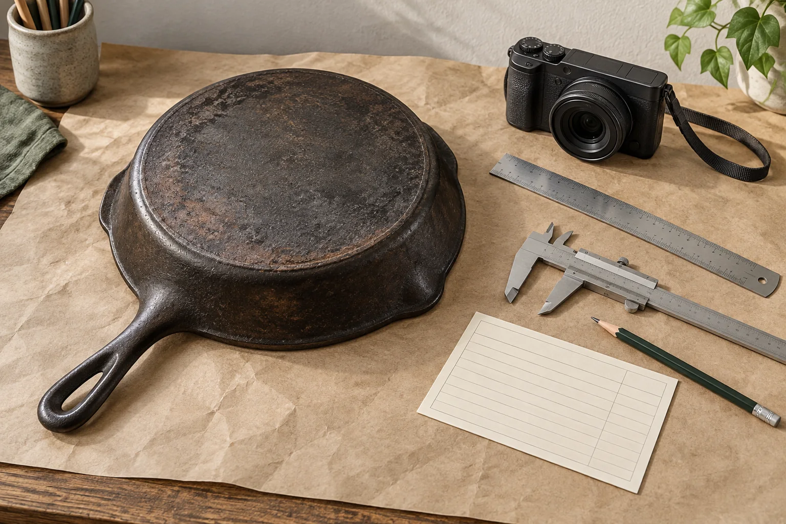 A cast-iron skillet is documented with a camera, ruler, calipers, pencil, and blank object card before cleaning.