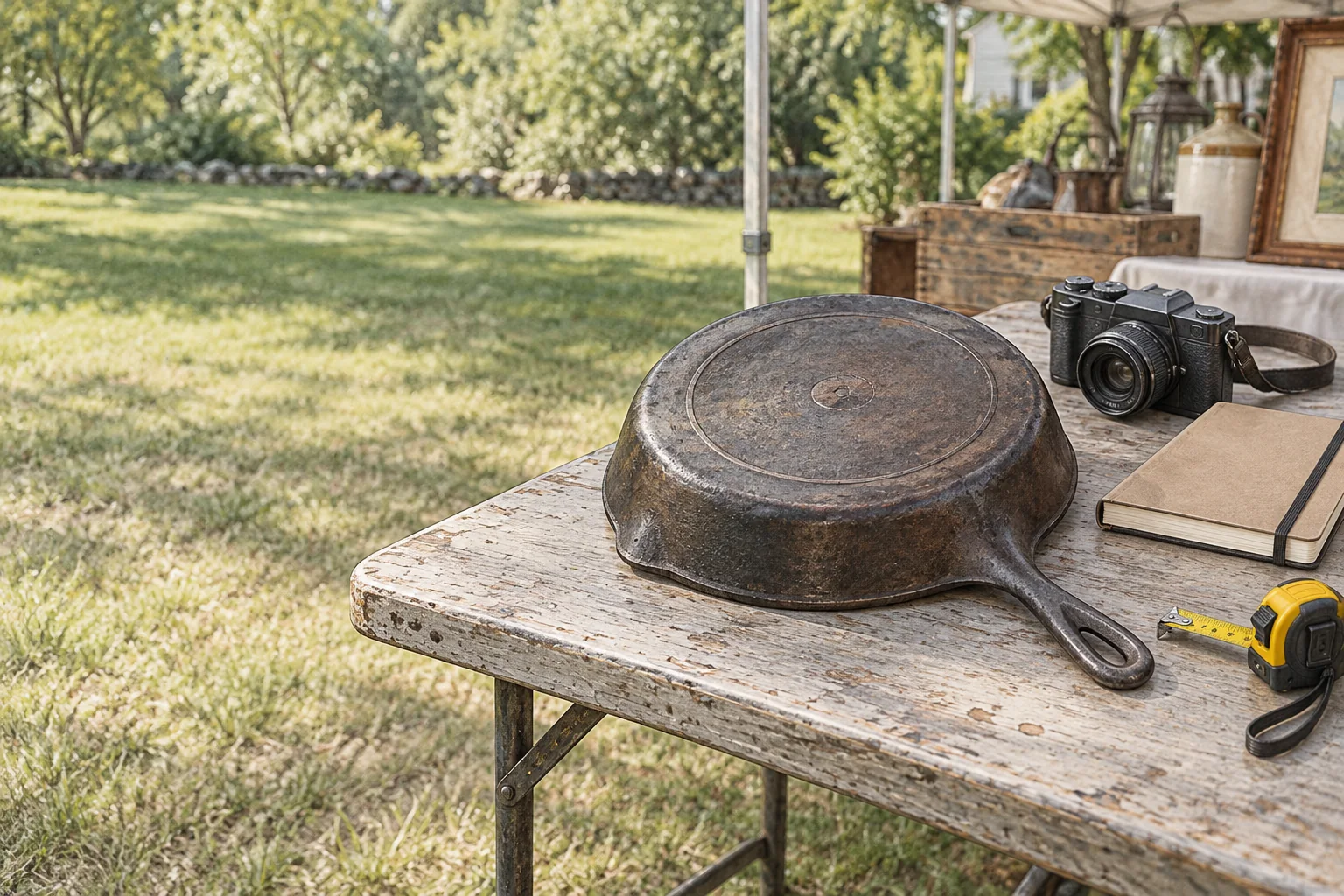A vintage cast-iron skillet is turned upside down for inspection beside a camera and notebook at an estate sale.