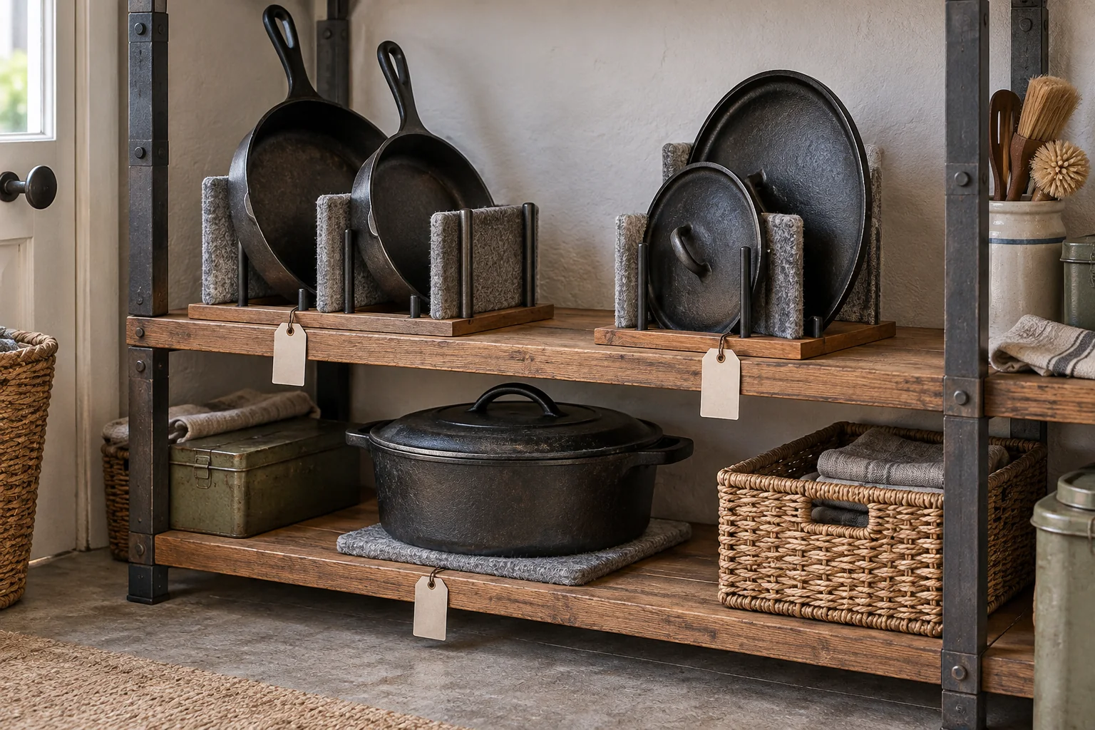 Cast-iron skillets, lids, and a Dutch oven rest on low sturdy shelving with separators and blank removable tags.