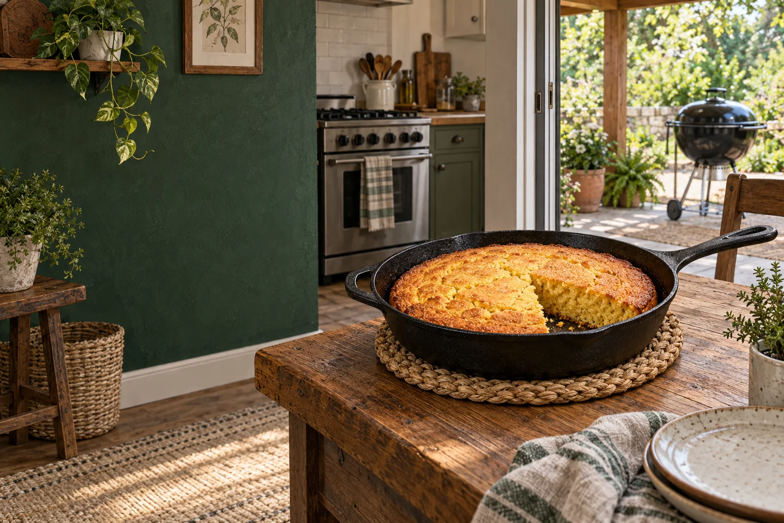 Golden cornbread in a cast-iron skillet between an indoor gas range and an outdoor charcoal grill.