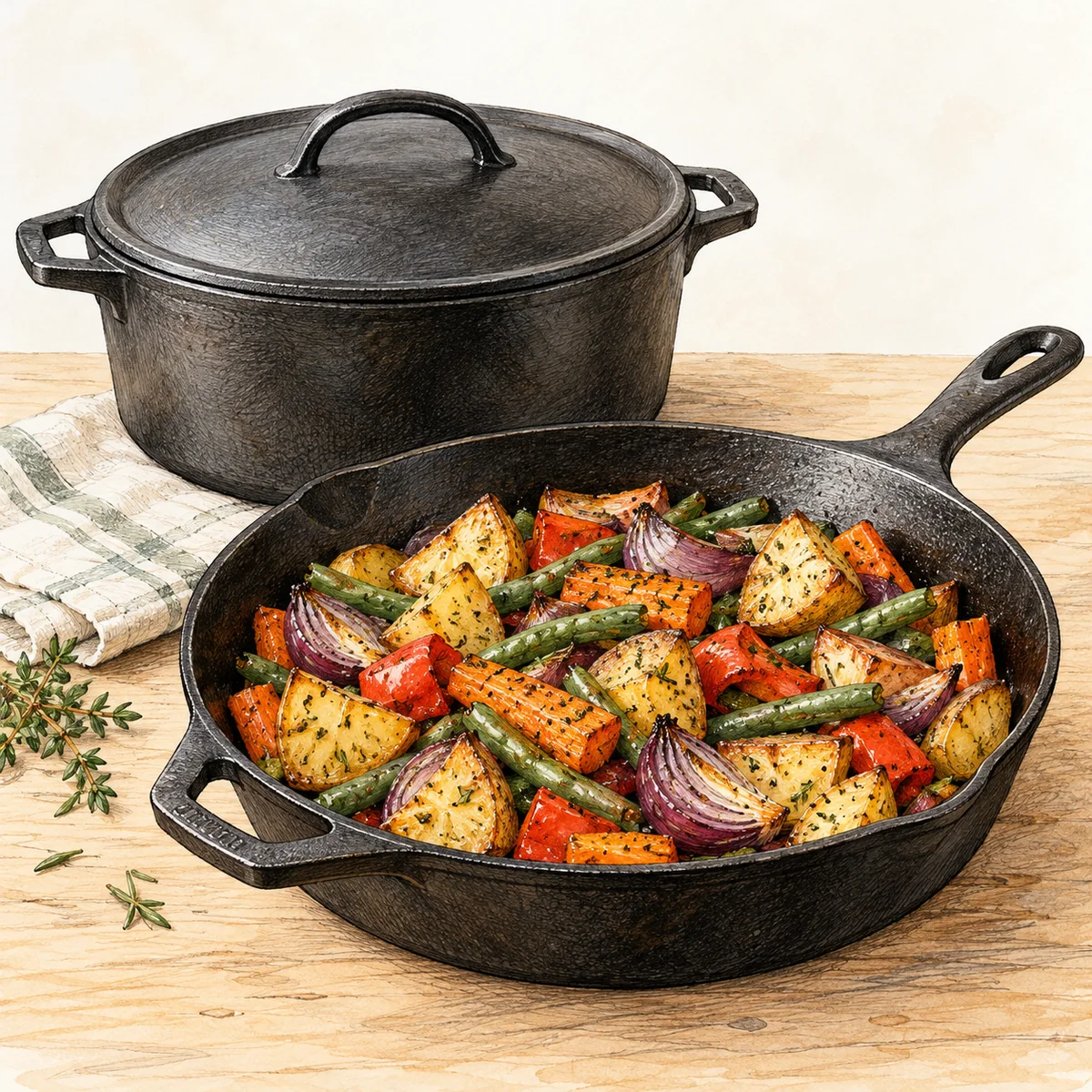 Roasted vegetables fill a cast-iron skillet beside a lidded Dutch oven.