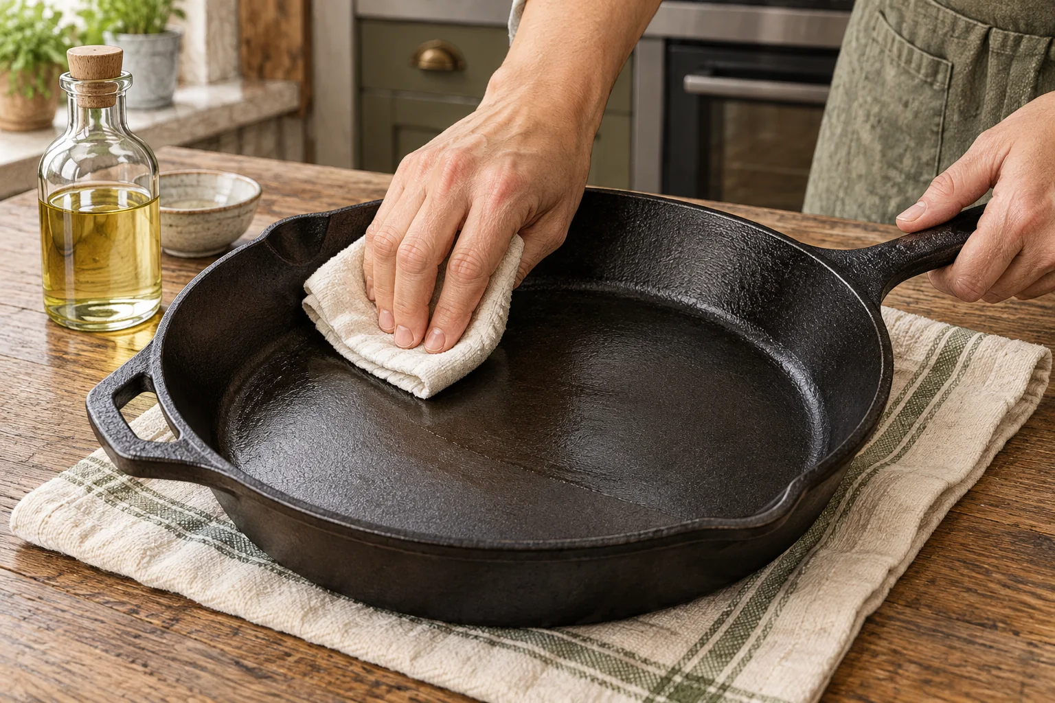 Hands wipe a nearly dry coat of oil across a cool cast-iron skillet before oven seasoning.