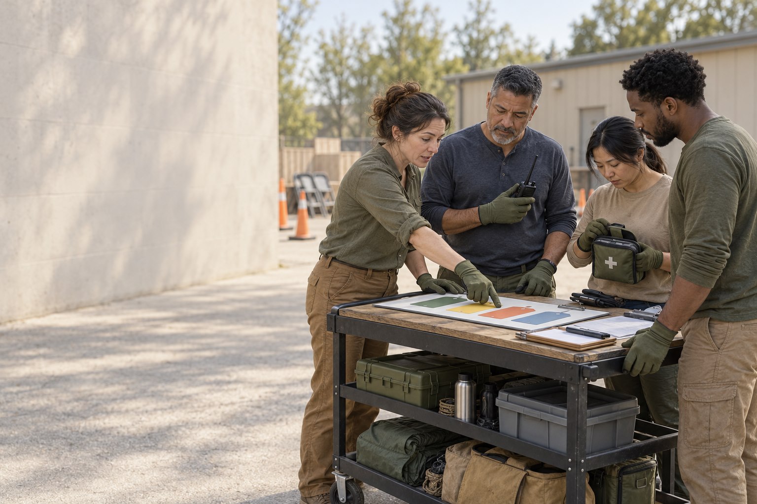 Adult volunteers practicing team organization during a community emergency response training session.
