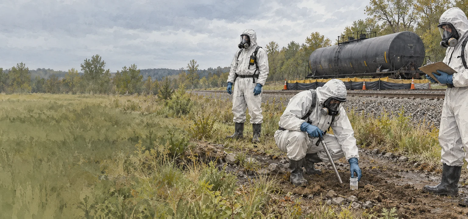 Hazmat workers documenting a stabilized rail chemical incident