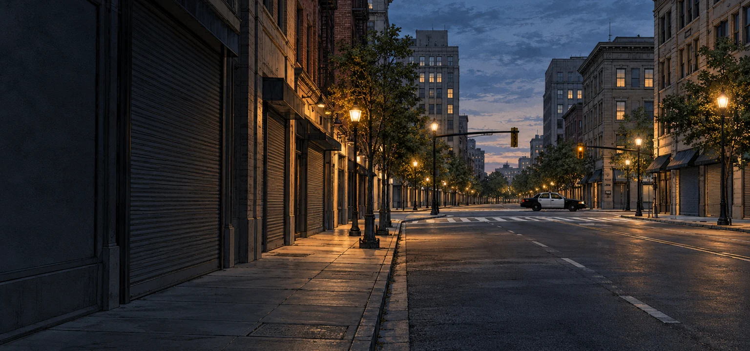 Empty downtown street at curfew with a single parked patrol car
