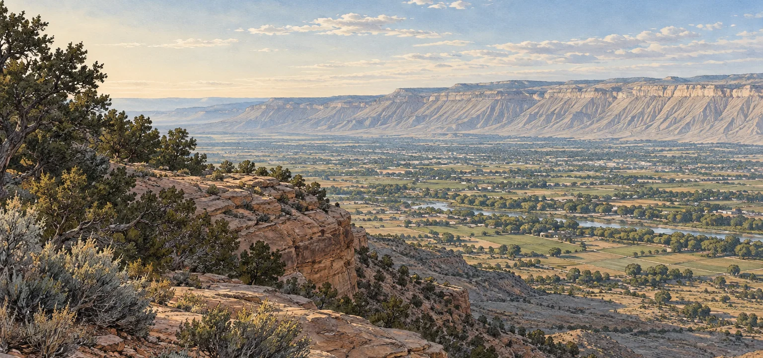 An editorial illustration from Book Cliffs View in Colorado National Monument, looking across the Grand Valley toward the Book Cliffs.