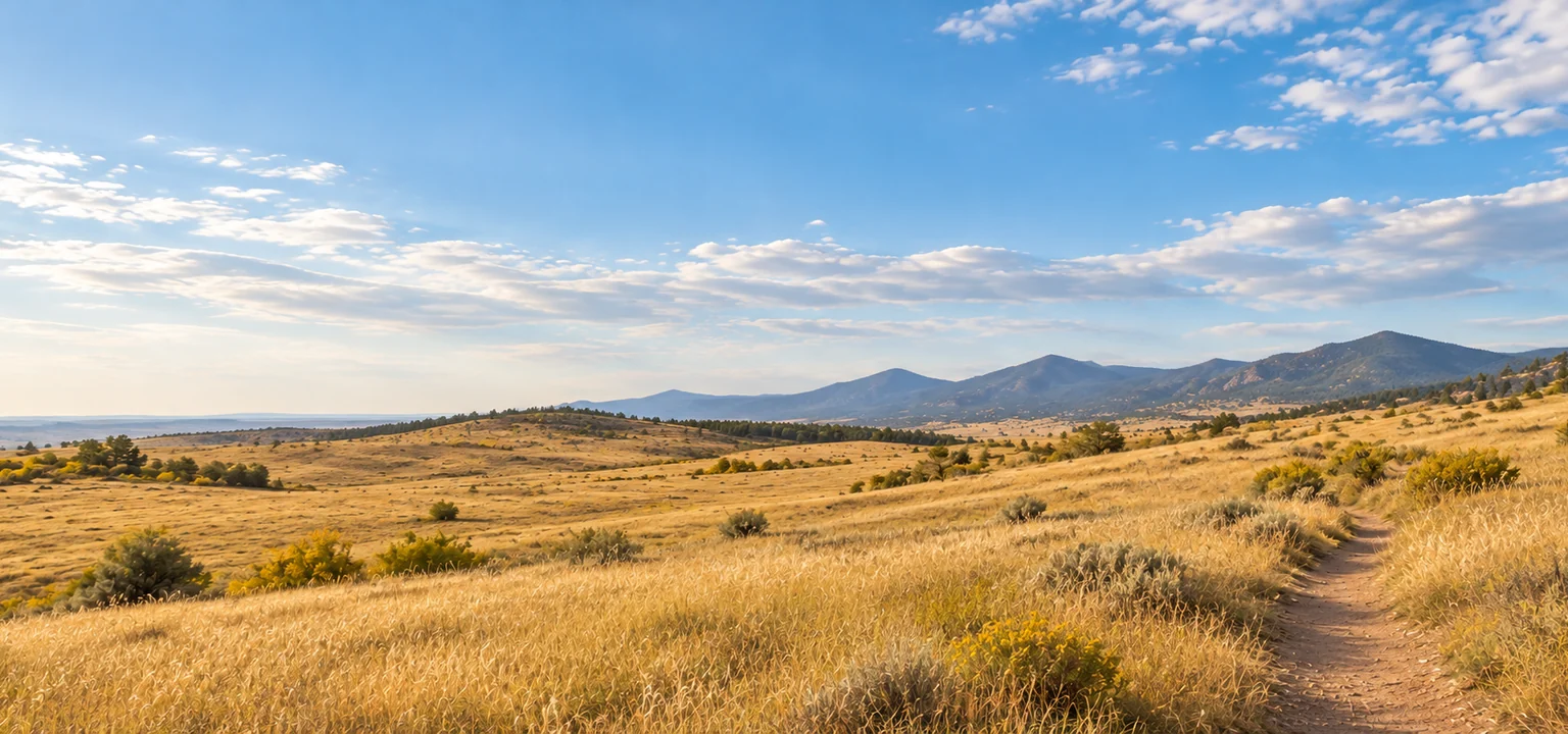 An editorial illustration of rolling dryland prairie and the distant foothills at Marshall Mesa Open Space near Boulder, Colorado.