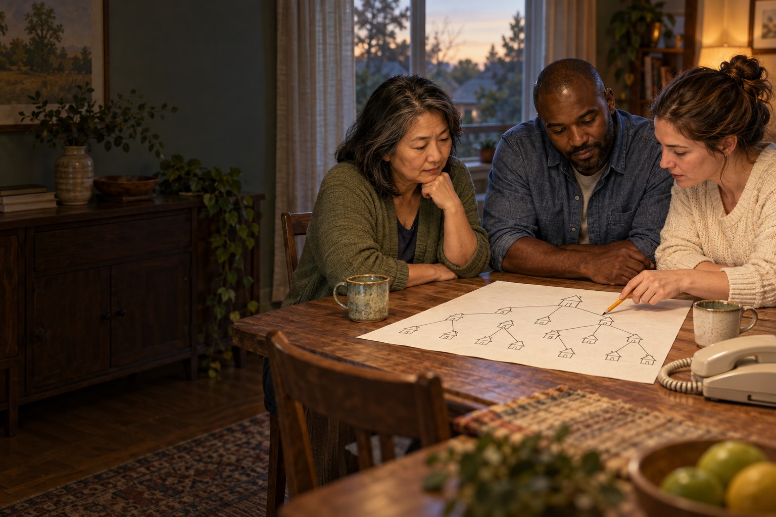 Neighbors tracing a branching communication tree on paper at a dining table.