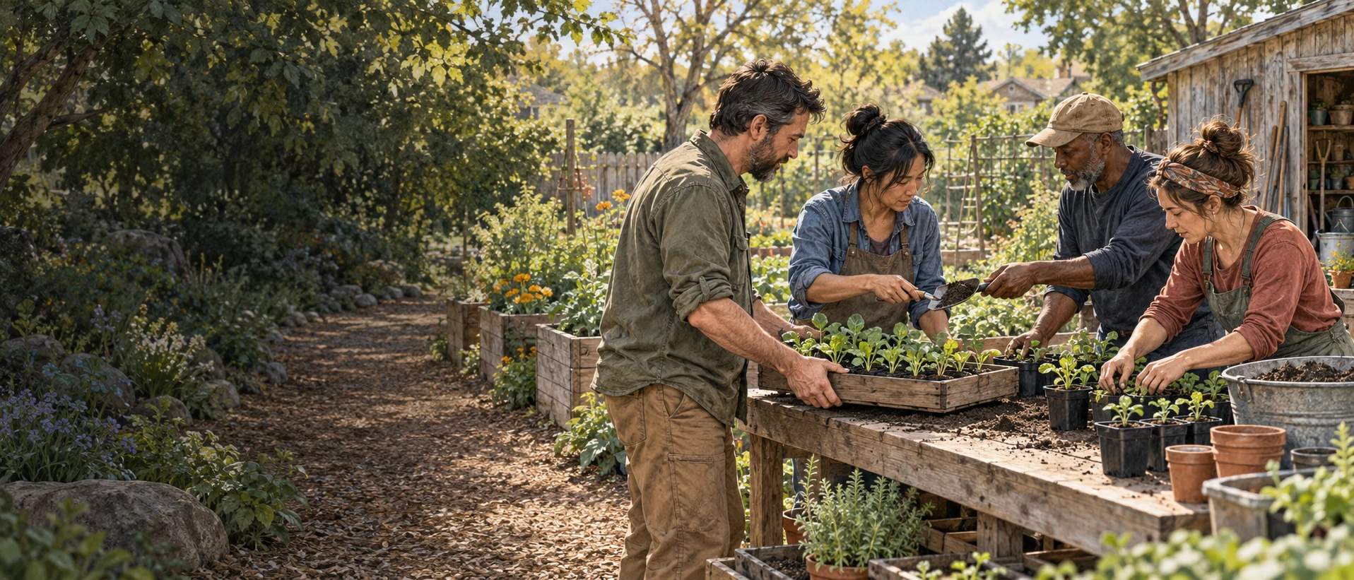 Four neighbors prepare seedlings together at a community-garden work table