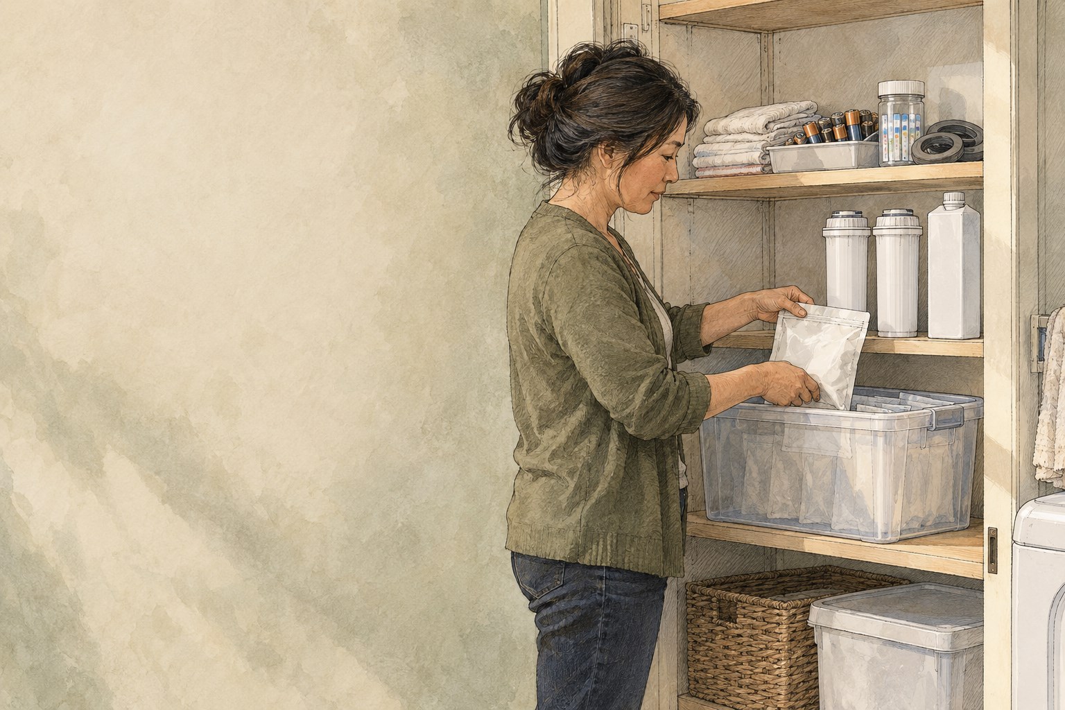 A woman places an unmarked refill pouch in a clear bin on a household supply cupboard shelf with filters, batteries, and gaskets.