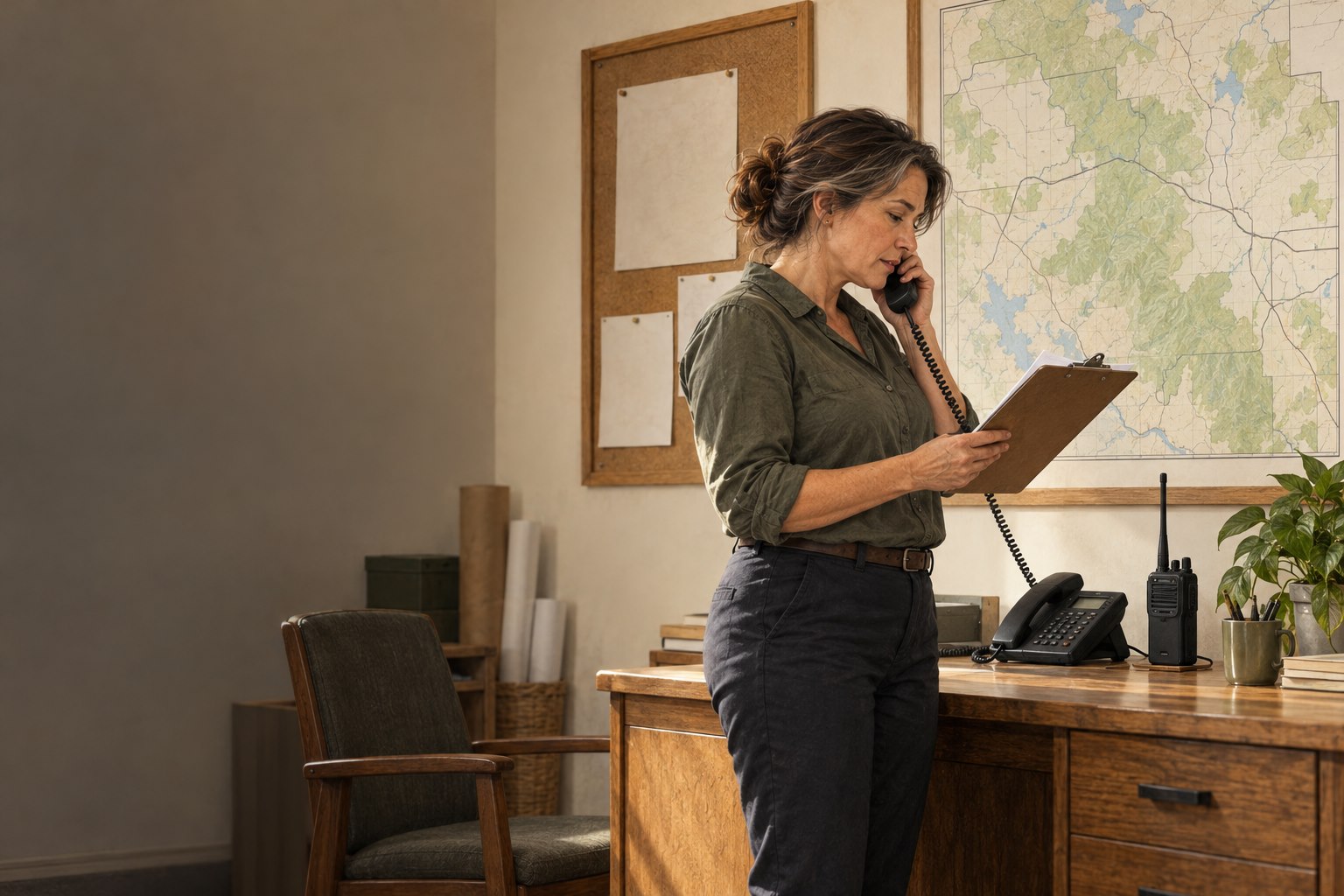 A county emergency manager coordinating by phone beside a local map in an operations office.
