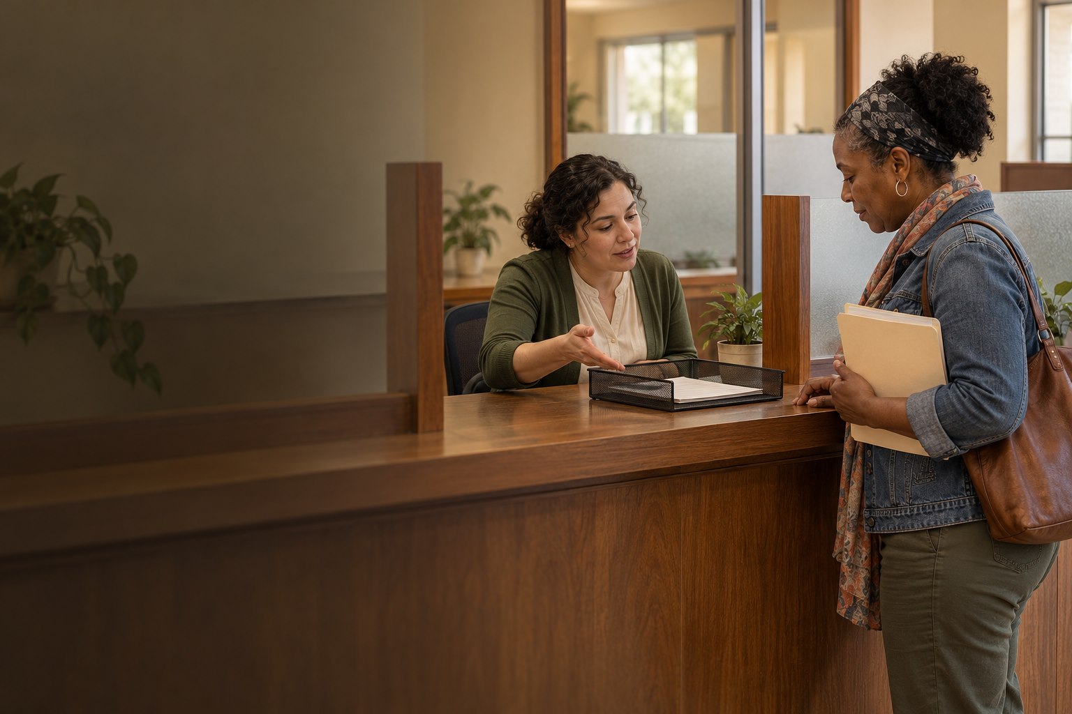 A resident getting help with paperwork from a county clerk at a service counter.