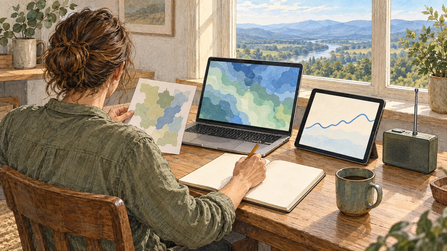 An adult compares three abstract, unlabeled information sources at a calm home editorial workspace.