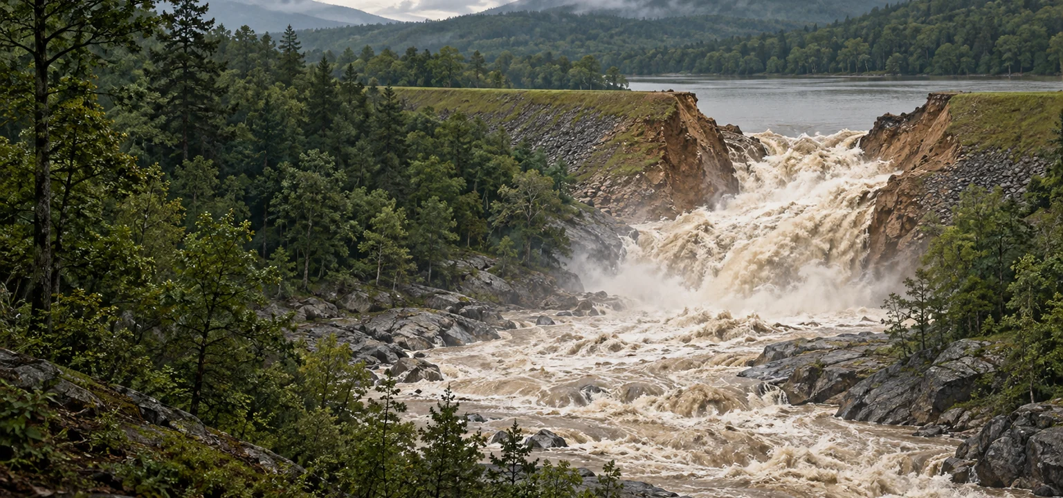 Water surging through a breached earthen dam in an empty forested valley