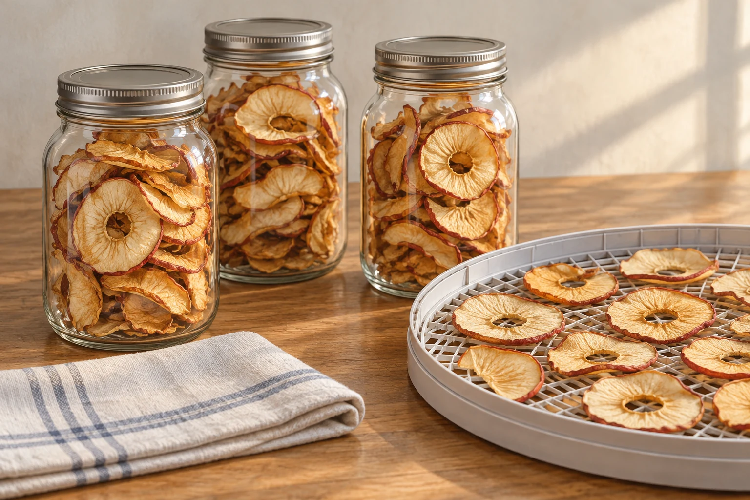 Three clear jars loosely filled with dried apple rings beside a tray of cooled dried apple slices.