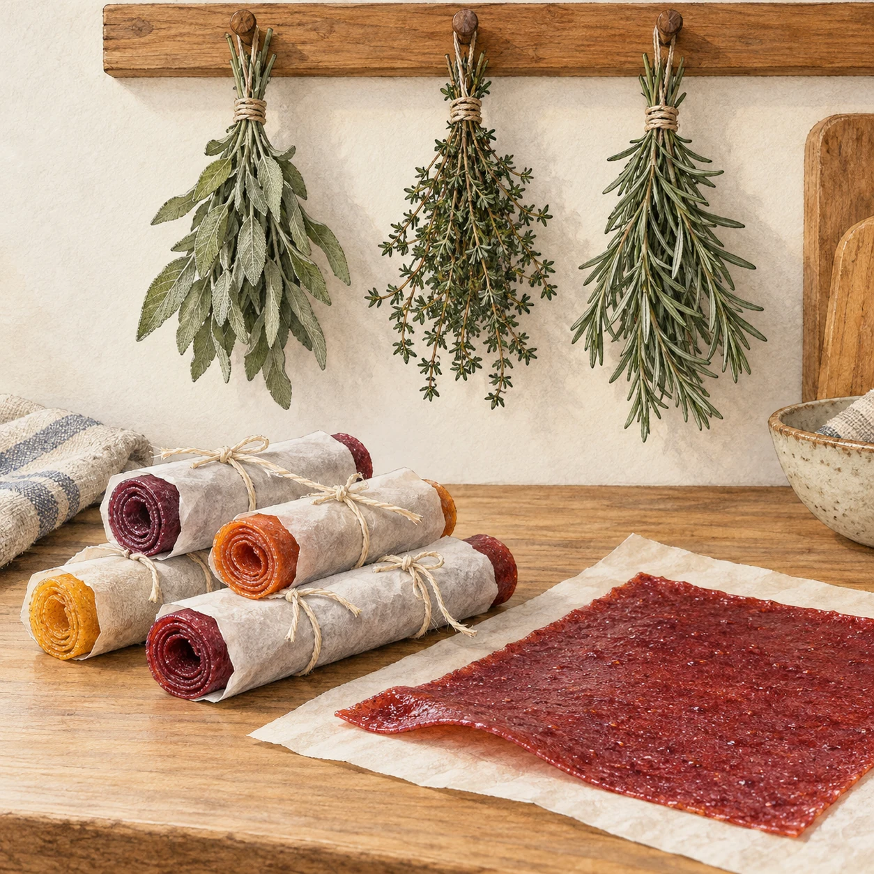 Three spaced bundles of dried culinary herbs above parchment-wrapped fruit leather rolls and one finished sheet.