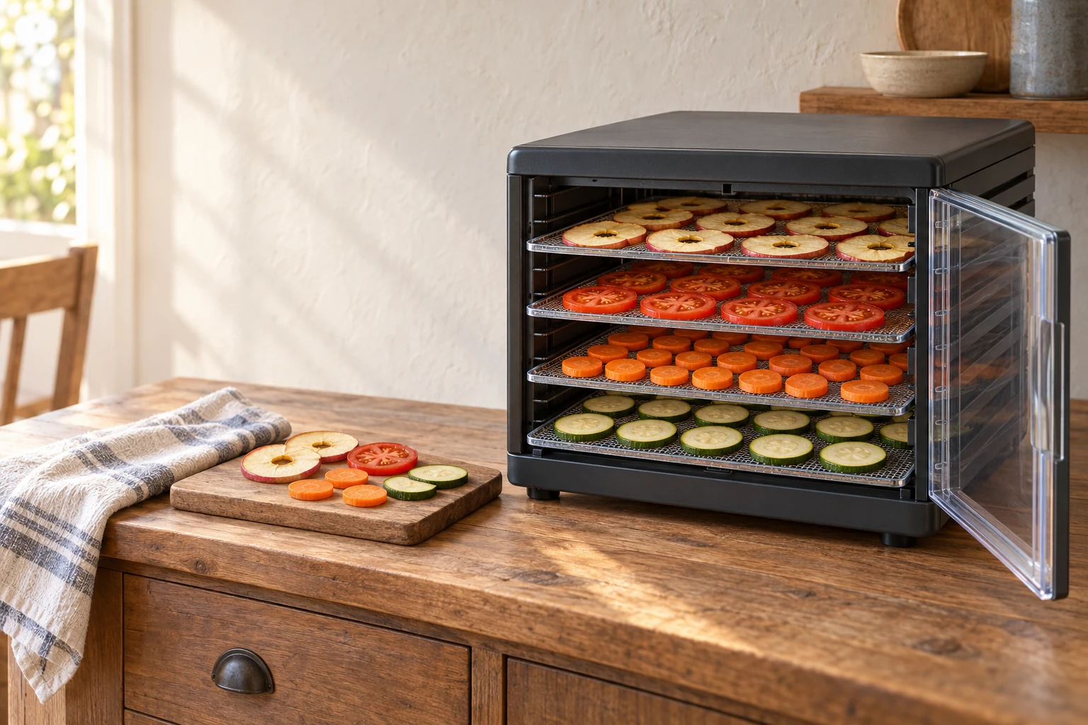 A shelf-style food dehydrator with four trays holding apple rings, tomato slices, carrot coins, and zucchini slices.