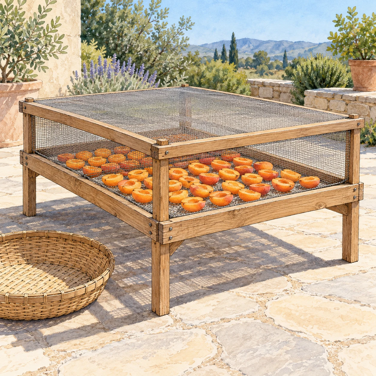 Halved apricots drying in one layer on a raised rack beneath a fitted protective mesh screen.