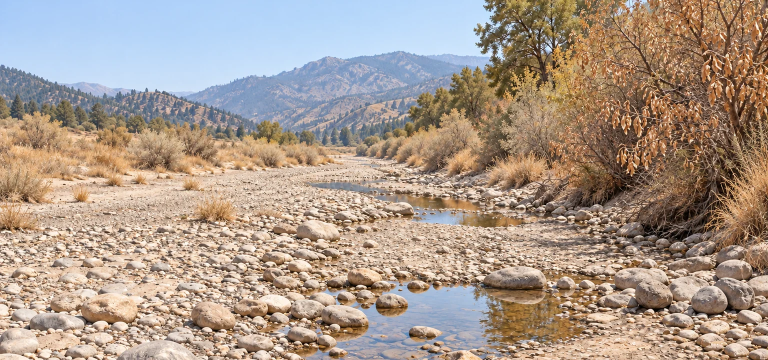 A few shallow pools remain in a mostly dry rocky creek bed beneath drought-browned foliage.