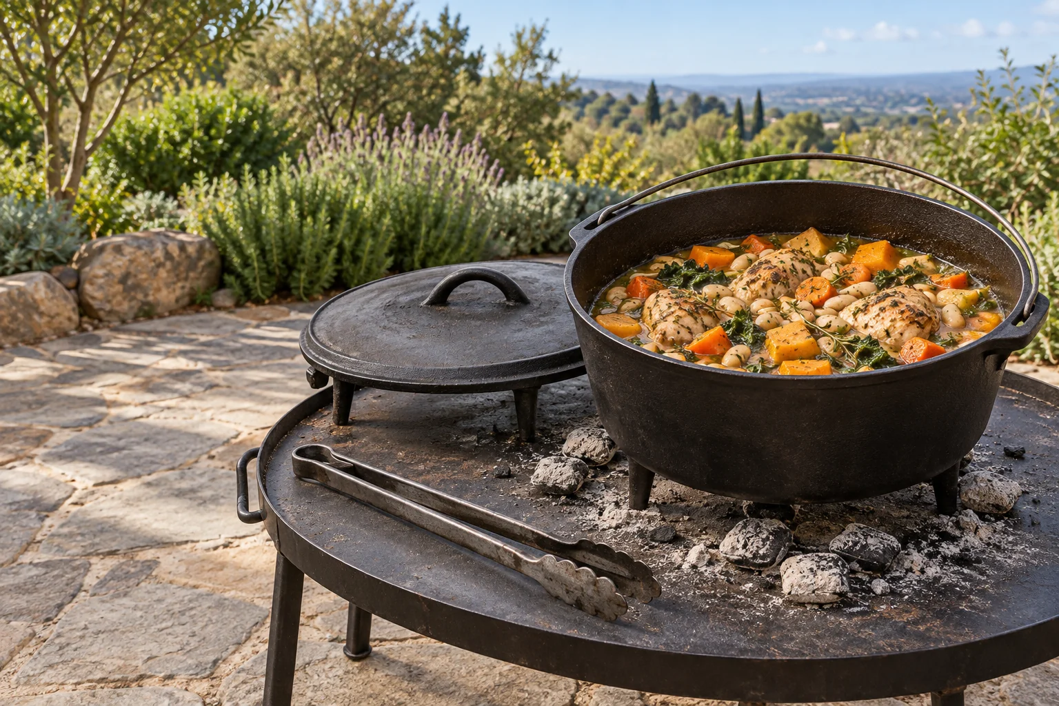 White-bean, chicken, squash, and greens stew in an open camp Dutch oven on an outdoor charcoal table.
