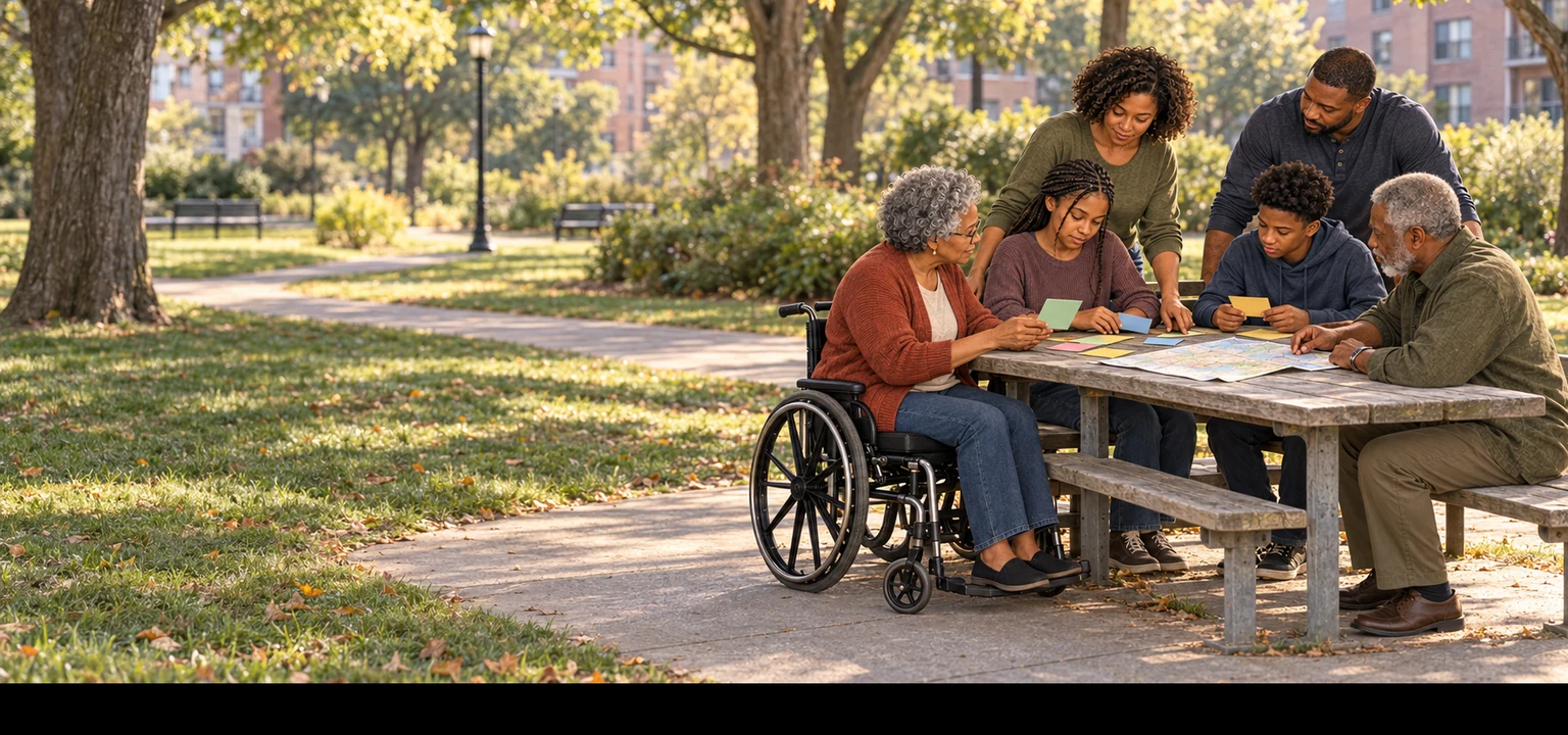 The Morgan family reviews a check-in plan in a city park with Marian Brooks in her wheelchair.