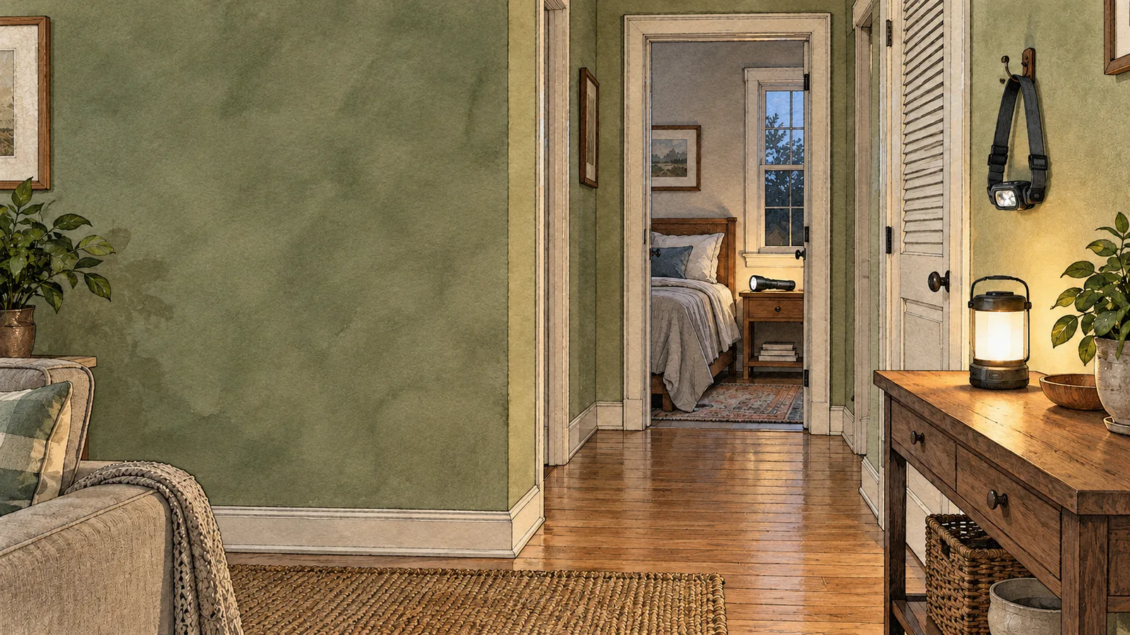 A lantern, headlamp, and flashlight staged in separate locations along a household hallway