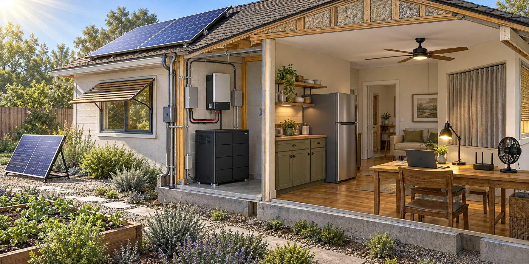 A cutaway home energy system connecting rooftop and portable solar, protected controls and battery storage, efficient lighting, refrigeration, communications, and passive shade