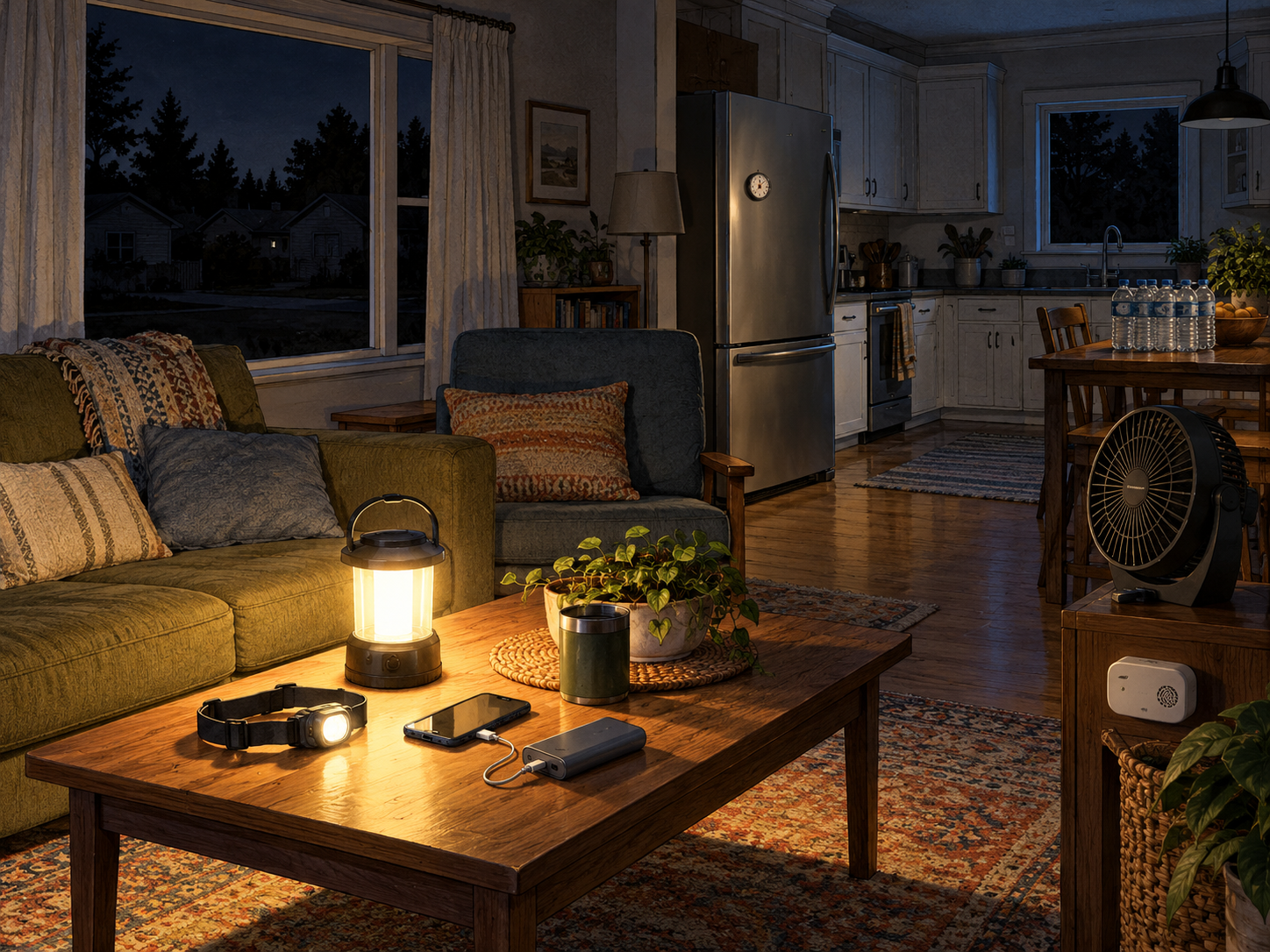A safely prepared home during a nighttime outage with an LED lantern, headlamp, phone power bank, closed refrigerator, battery fan, water, and carbon-monoxide alarm